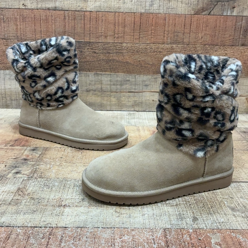 Koolaburra By UGG Boots Womens Size 7 38 Beige Suede Leopard Fur Mid Calf